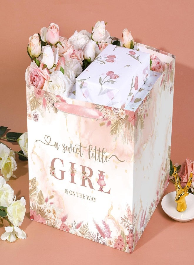 Woosytoo Large Boho Baby Girl Gift Bag, Baby Shower Square Gift Bag Pink Floral Jumbo Gifts Bag with Tissue Paper A Sweet Little Girl is on The Way Wrapping Paper Bag for Baby Shower Gender Reveal Party Favors - Image 2